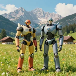 a ultra photorealistic and sharp film still of an a sunny and colourful open field in 2 0 2 1 in the middle of the bavarian alps, germany. two colourful highly detailed cyborgs posing in the foreground. wide shot, wes anderson, studio ghibli, pixar and disney animation, octane render, anime key art by greg rutkowski, dramatic lighting, award winning photography