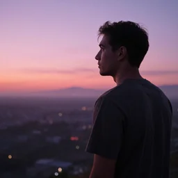 a man looking off into a vaporwave sunset