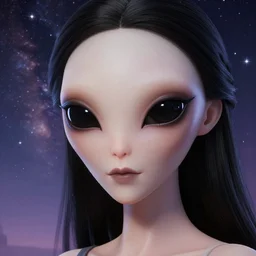 a photorealistic portrait, stunningly beautiful hyper detailed avatar alien girl, big mysterious black alien eyes, professionally retouched, soft lighting, hyper realistic, small nose, pretty mouth, black hair, beautifully detailed colorful starry sky, wide angle, sharp focus, 8 k high definition, 6 4 megapixels, insanely detailed, stunningly beautiful