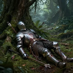 fallen knight, high fantasy, jungle, arrows, blood, exhausted, war scene, realistic, artstation, cinematic
