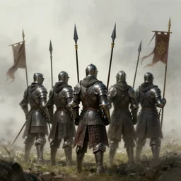 realistic, 5 medieval knights, soldiers, in line, pikes, hellbards, banner, flag, mist, picture from behind, epic, digital art, illustration, fantasy, realistic sketch, dark