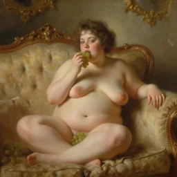 plump, thickly bodied reubensesque woman eating grapes on a pillowy couch, baroque - rococo fusion, romantic lighting, hazy, dreamlike, oil painting,