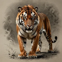 portrait, sabertooth Tiger, Dynamic lighting, cinematic, establishing shot, extremely high detail, photo realistic, cinematic lighting, pen and ink, intricate line drawings, post processed, concept art, artstation, matte painting, style by Raphael Lacoste, Eddie Mendoza