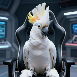 cinematic portrait of white orange cockatoo with big white mohawk, sitting on a futuristic gamer chair, space station at background, high detail, 8 k, sharp focus, movie still, dramatic lighting, ray tracing, smooth, lane brown, finnstark, oleg bulakh, diego fazio, mike dargas, emanuele dascanio, felix englund, michal kar