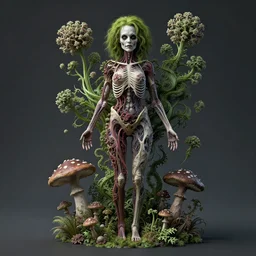 a beautiful detailed photo of a centered full body rotten woman corpse morphing into fractal plants and fractal flowers and mushrooms, face muscles, veins, anatomical, intricate, ornate, volumetric light, beautiful lit, beetlejuice