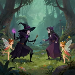 digital painting of evil witches fighting fairies in p - land, book illustration, trending on artstation