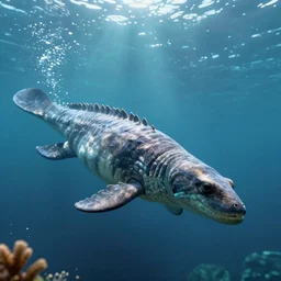 underwater view of a long neck prehistoric ocean reptile, octane render, cinema 4 d, light rays, cinematic lighting, golden ratio, underwater photography, realistic, volumetric lighting, wildlife documentary, by greg rutkowski