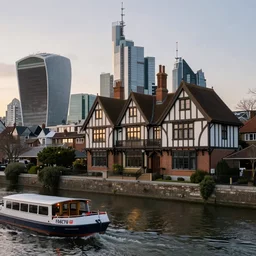 realistic photo of a tudor style detached house, skyscrapers on the background, a river flowing through the scene, riverboat in the foreground, dusk