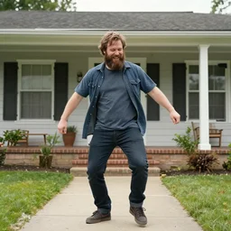 bearded bo burnham outside of his house, smiling and dancing
