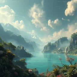a baroque style artwork of a paradise nebula garden, a land of the dead, divine, hazy, volumetric lighting, snowy summits in the background, vast turquoise lake, lush flora, empty, spacetime bending, very detailed, serene, gold accents, washed out colors, beautiful artwork, master level composition, raytracing