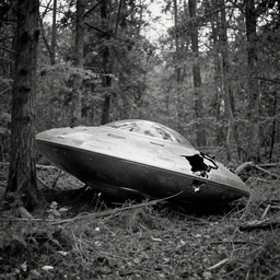a crashed ufo in the forest, black and white photo