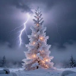 snow crystal tower, deep fog, lightning, fire sparkles, realistic, 4 k