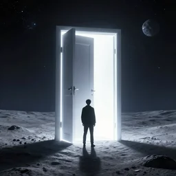 a person standing in front of a glowy open door that's on a barren moon, poster art by mike winkelmann, trending on cg society, space art, sci - fi, ue 5, futuristic, volumetric lighting