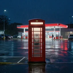 at night, a panoramic view of a parking lot with a single telephone booth in the center in the rain, in the background a red gas station from the 6 0 s, behance hd by jesper ejsing, by rhads, makoto shinkai and lois van baarle, ilya kuvshinov, rossdraws global illumination, 4 k artstation