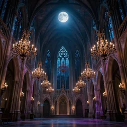 large gothic hall with large chandeliers under the ceiling, horror movie, moonlight, artstation, detailed, colorfull, futuristic
