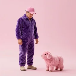 a farmer in a purple velour jumpsuit in a very soft persian pink plush john deere with pluche