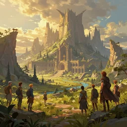 matte painting of epic fantasy landscape with golden hour lighting, colorful concept art by ted nasmith, john howe, alan lee, paul raymond gregory, inger edelfeldt, tim kirk, angus mcbride, jenny dolfen, high fantasy, trending on artstation
