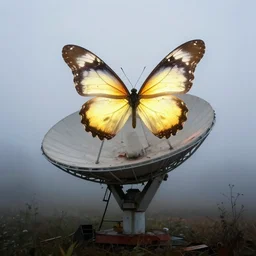 in the misty morning ， a giant, glowing butterfly perched on the abandonded satellite dish, by craig mullins