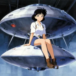 a film still of a 1 9 5 0's mechanic anime girl sitting on top of flying ufo landing in hangar of giant ufo spaceship, sharp face focus, finely detailed features, full body mid shot, perfect art, trending on pixiv fanbox, painted by gaston bussiere, makoto shinkai, akihiko yoshida, gaston bussiere, craig mullins