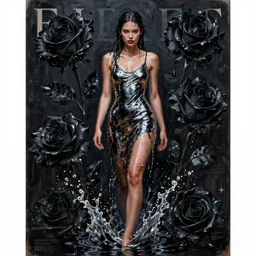 fierce wet fashion model, splash, sweat skin, liquid metal, black roses, poster art, high detail, intricate oil painting, deep mood, hyperrealism, 3 d, by tooth wu and wlop and beeple and greg rutkowski, full body