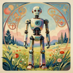 A colorful, detailed print - A portrait of a robot standing in a field. by Arnold Bocklin and Barclay Shaw, masterful print. 4k, unreal engine stunning Art Nouveau