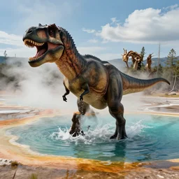 detailed photo of tyrannosaurus rex bathing in grand prismatic spring, featured on artstation