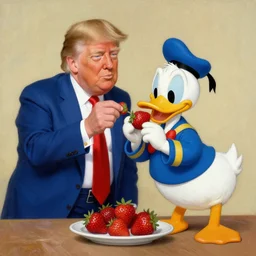 donald trump and donald duck eating strawberries together, painted by rembrandt