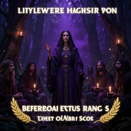 ominous picture of the High priestess of the old ones cult preaching to her followers, dark forest illuminated by candles, purple color scheme, focus, sharp, award winning photograph.