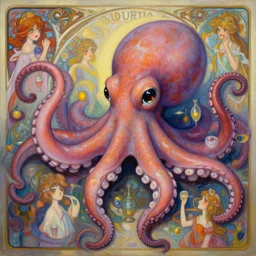 an hyper intricate oil painting of an anthropomorphic cute octopus!!!!! on a party, laser eyes, hyper detailed tentacles, excellent composition, by yoshitaka amano, by greg rutkowski, by alphonse mucha, by rhads, by ross tran, trending on artstation