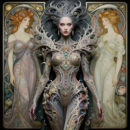 bjork as a cyber creature from a parallel universe by alexander mcqueen, zdzisław beksinski and alphonse mucha. highly detailed, hyper - real, very beautiful, intricate fractal details, very complex, opulent, epic, mysterious, trending on deviantart and artstation