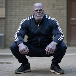 russian squatting thanos in an adidas tracksuit