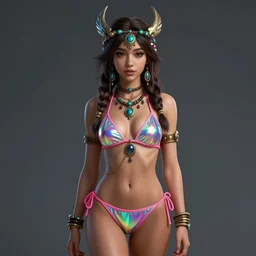 masterpiece portrait of a beautiful girl with with boho accessories, in neon reflective bikini, full body shot, symmetrical face, cute - fine face, top lighting, sona form league of legends, art by charlie bowater, thomas river and artgerm, wlop, cryengine, lumion render, 8 k realistic hyper detailed, digital painting, artstation, concept art, ray tracing, realistic shaded