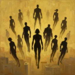 cyberpunk, many silouettes of flying people, like a group of superheroes, group, atmospheric lighting, painted, intricate, golden hour, ultra detailed by peter gric, giger, enki bilal