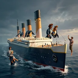 Sirens eating the Titanic, Greg Rutkowski, Darek Zabrocki, Karlkka, Jayison Devadas, Phuoc Quan, trending on Artstation, 8K, ultra wide angle, pincushion lens effect.