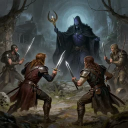 adventurers battling a necromancer, early dnd art, high quality, detailed, illustration
