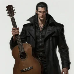 picture of male lycanthrope bard, jet black trenchcoat, big guitar, high fantasy, highly detailed, detailed faces, smooth, sharp focus, chiaroscuro, dnd, digital painting, concept art, rossdraws and moebius and jon mcnaughton