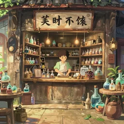 inside a magical item shop, fantasy potion vendor interior, studio ghibli studio art style, wide angle, sunlit interior