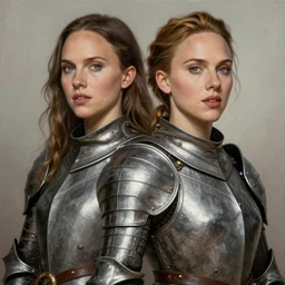 engraving full figure portrait of natalie portman and scarlet johansson, in medieval armoury, painted by alphonse mucha, albrecht durer, jean delville, alphonse mucha, jan van eyck, da vinci