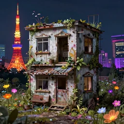 a beautiful detailed render of abandoned building urbex tiny home by henri rousseau, tokyo at night vaporwave landscape uv light flowers, archdaily, wallpaper, highly detailed, trending on artstation.