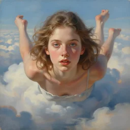 painting by wlop, portrait of a beautiful girl floating in the clouds, finely detailed features, beautiful lighting, trending on artstation