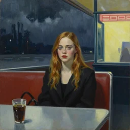 Elle Fanning alone in a diner in the world of Edward Hopper, stormy weather, extremely detailed masterpiece, oil on canvas, low-key neon lighting, artstation, Blade Runner 2049, Roger Deakin’s cinematography, by J. C. Leyendecker and Peter Paul Rubens,