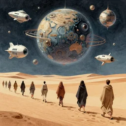 a illustration of people walinkg in the desert wearing cloaks, spaceships in the enviroment, intrincate, futuristic, fantastic planet, by moebius, jean giraud & kilian eng
