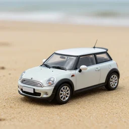 a 4 k photorealistic photo of a miniature mini cooper car on a sandy beach, natural lighting, outdoors, highly detailed macro photography, shallow depth of field, full shot
