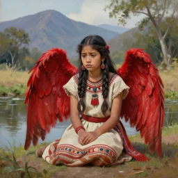 “prompt Young Harpy-Girl, red feathered wings, wearing Inka clothes, sad expression, sitting at a pond, mountainous area, trees in the background, oil painting”