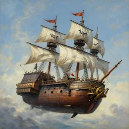 a large flying pirate airship, flying, realist painting, pirate, beautiful, highly detailed