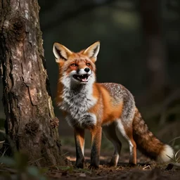 fox animal laughing at a tree