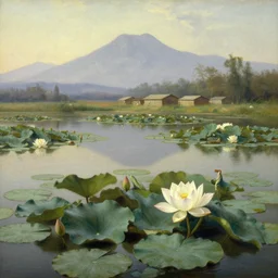 alpine pond with water lilies, a single blooming gigantic lotus flower, and simple flat roof shacks in the background,  a single lily pond under hazy mountains, landscape painting by Albert Bierstadt and Frederic Edwin Church. Hudson river school monumental landscape painting, view from above, wikimedia commons full resolution