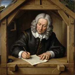 highly detailed painting of bach writing a piece of music on a sheet of paper, he is inside of a wooden shack, 4 k resolution, by jaquis luis david, visible paint layers, renaissance.