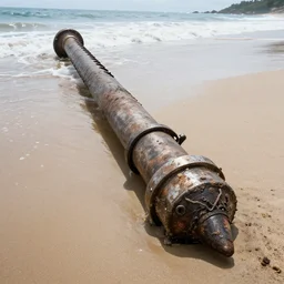 giant drill washed up on the beach, realistic