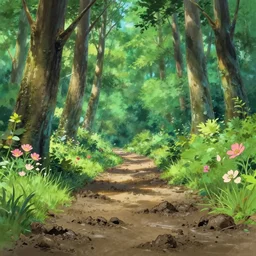 deep muddy forest on a sunny day walkway panorama, blooming, animation background painting gouache by pixar disney kyoto animation makoto shinkai